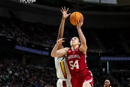 ALBANY, NY - March 29, 2024 - forward Mackenzie Holmes #54 of the Indiana Hoosiers during the game between the South Carolina Gamecocks and the Indiana Hoosiers at MVP Arena in Albany, NY. Photo By Gretta Cohoon/Indiana Athletics