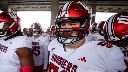 WEST LAFAYETTE, IN - November 25, 2023 - offensive lineman Mike Katic #56 of the Indiana Hoosiers during the game between the Purdue Boilermakers and the Indiana Hoosiers at Memorial Stadium in Bloomington, IN. Photo By Andrew Mascharka/Indiana Athletics