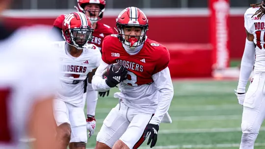 BLOOMINGTON, IN - March 26, 2024 - wide receiver Elijah Sarratt #8 of the Indiana Hoosiers during practice at Memorial Stadium in Bloomington, IN. Photo By Andrew Mascharka/Indiana Athletics
