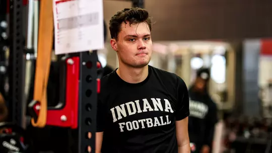 BLOOMINGTON, IN - February 01, 2024 - quarterback Kurtis Rourke #9 of the Indiana Hoosiers  during lift at Memorial Stadium in Bloomington, IN. Photo By Andrew Mascharka/Indiana Athletics