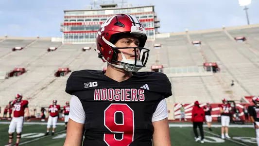 BLOOMINGTON, IN - March 26, 2024 - quarterback Kurtis Rourke #9 of the Indiana Hoosiers during practice at Memorial Stadium in Bloomington, IN. Photo By Andrew Mascharka/Indiana Athletics