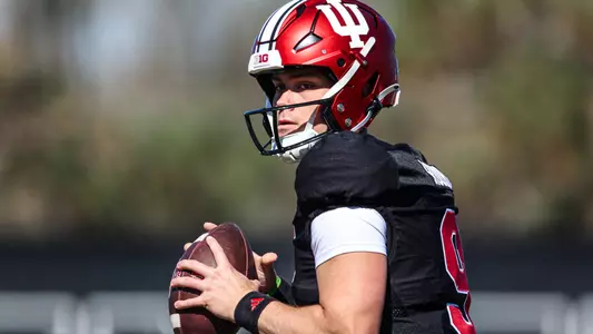BLOOMINGTON, IN - April 6th, 2024 - quarterback Kurtis Rourke #9 of the Indiana Hoosiers during football Spring Ball Day 8 at Memorial Stadium in Bloomington, Indiana. Photo By Trent Barnhart/Indiana Athletics