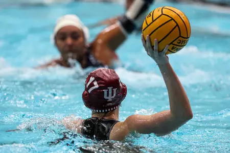 BLOOMINGTON, IN - February 17, 2024 - attacker Olivia Harris #17 of the Indiana Hoosiers during the meet between the California Baptist Lancers and the Indiana Hoosiers at Counsilman-Billingsley Aquatics Center in Bloomington, IN. Photo By Andrew Mascharka/Indiana Athletics