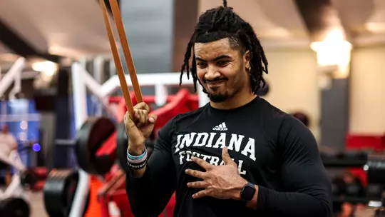 BLOOMINGTON, IN - January 25, 2024 - linebacker Jacob Mangum-Farrar #7 of the Indiana Hoosiers during lift at Memorial Stadium in Bloomington, IN. Photo By Trent Barnhart/Indiana Athletics