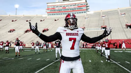 BLOOMINGTON, IN - March 26, 2024 - linebacker Jacob Mangum-Farrar #7 of the Indiana Hoosiers during practice at Memorial Stadium in Bloomington, IN. Photo By Andrew Mascharka/Indiana Athletics