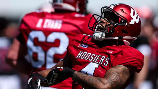 BLOOMINGTON, IN - April 06, 2024 - wide receiver Myles Price #4 of the Indiana Hoosiers during Football Spring Ball 8at Memorial Stadium in Bloomington, IN. Photo By Andrew Mascharka/Indiana Athletics
