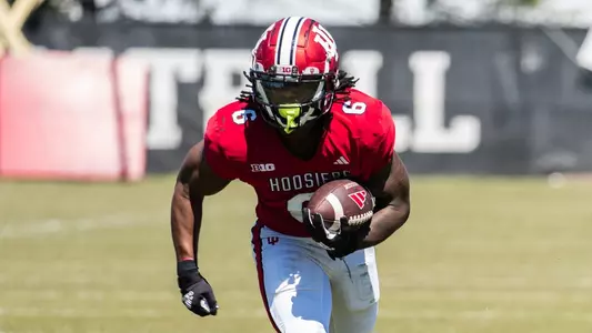 BLOOMINGTON, IN - April 6, 2024 - #6 Justice Ellison during Spring Ball 8 at Memorial Stadium in Bloomington, IN. Photo by Tee McCann/ Indiana Athletics