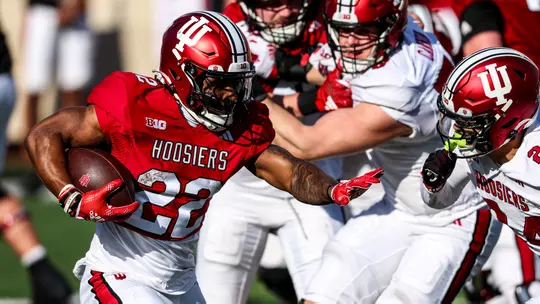 BLOOMINGTON, IN - March 28, 2024 - running back Kaelon Black #22 of the Indiana Hoosiers during spring ball at Memorial Stadium in Bloomington, IN. Photo By Andrew Mascharka/Indiana Athletics