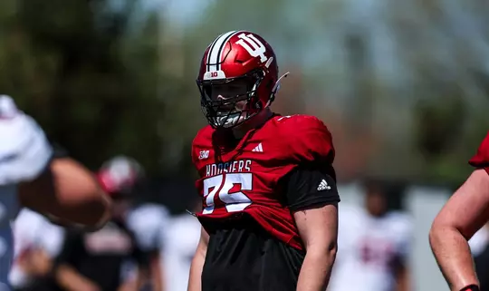 BLOOMINGTON, IN - April 06, 2024 - offensive lineman Trey Wedig #75 of the Indiana Hoosiers during Football Spring Ball 8at Memorial Stadium in Bloomington, IN. Photo By Andrew Mascharka/Indiana Athletics