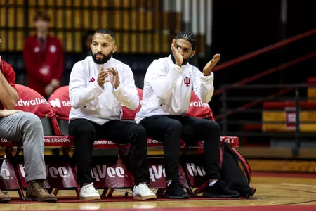 BLOOMINGTON, IN - November 10, 2023 - C.J. Red and Angel Escobedo during the meet between the Rider Broncs and the Indiana Hoosiers at Assembly Hall in Bloomington, IN. Photo By Sammy Nance/Indiana Athletics