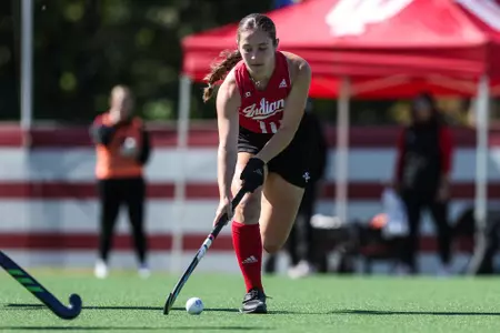 BLOOMINGTON, IN - October 10, 2023 - Anna Mozeleski #10 of the Indiana Hoosiers during the game between the Louisville Cardinals and the Indiana Hoosiers at Deborah Tobias Field in Bloomington, IN. Photo By Rachel Gillam/Indiana Athletics