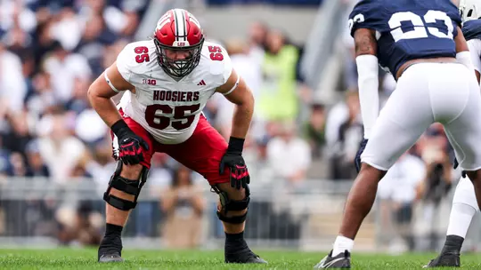STATE COLLEGE, PA - October 28, 2023 - offensive lineman Carter Smith #65 of the Indiana Hoosiers during the game between the Penn State Nittany Lions and the Indiana Hoosiers at Beaver Stadium in State College, PA. Photo By Andrew Mascharka/Indiana Athletics