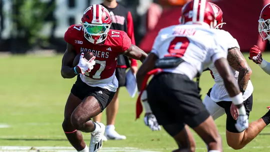 BLOOMINGTON, IN - August 14, 2024 - running back Ty Son Lawton #17 of the Indiana Hoosiers during football fall camp at Mellencamp Pavilion in Bloomington, IN. Photo By Spencer Meyer/Indiana Athletics