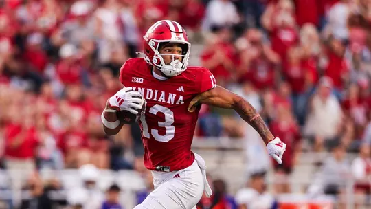 BLOOMINGTON, IN - September 06, 2024 - wide receiver Elijah Sarratt #13 of the Indiana Hoosiers during the game between the Western Illinois Leathernecks and the Indiana Hoosiers at Memorial Stadium in Bloomington, Indiana. Photo By Trent Barnhart/Indiana Athletics