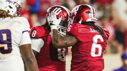 BLOOMINGTON, IN - September 06, 2024 - defensive lineman Chaddrian "CJ" West #8 of the Indiana Hoosiers and defensive lineman Mikail Kamara #6 of the Indiana Hoosiers during the game between the Western Illinois Leathernecks and the Indiana Hoosiers at Memorial Stadium in Bloomington, Indiana. Photo By Spencer Meyer/Indiana Athletics