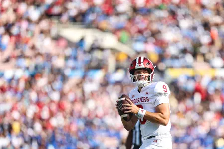 PASADENA, CA - September 14, 2024 - quarterback Kurtis Rourke #9 of the Indiana Hoosiers during the game between the UCLA Bruins and the Indiana Hoosiers at the Rose Bowl Stadium in Pasadena, California. Photo By Trent Barnhart/Indiana Athletics