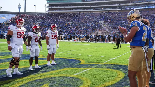 PASADENA, CA - September 14, 2024 - offensive lineman Mike Katic #56 of the Indiana Hoosiers, running back Justice Ellison #6 of the Indiana Hoosiers and defensive lineman James Carpenter #99 of the Indiana Hoosiers during the game between the UCLA Bruins and the Indiana Hoosiers at the Rose Bowl Stadium in Pasadena, California. Photo By Trent Barnhart/Indiana Athletics