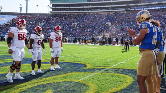 PASADENA, CA - September 14, 2024 - offensive lineman Mike Katic #56 of the Indiana Hoosiers, running back Justice Ellison #6 of the Indiana Hoosiers and defensive lineman James Carpenter #99 of the Indiana Hoosiers during the game between the UCLA Bruins and the Indiana Hoosiers at the Rose Bowl Stadium in Pasadena, California. Photo By Trent Barnhart/Indiana Athletics