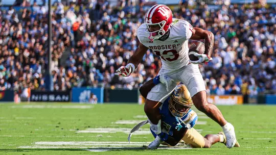 PASADENA, CA - September 14, 2024 - wide receiver Elijah Sarratt #13 of the Indiana Hoosiers during the game between the UCLA Bruins and the Indiana Hoosiers at the Rose Bowl Stadium in Pasadena, California. Photo By Trent Barnhart/Indiana Athletics