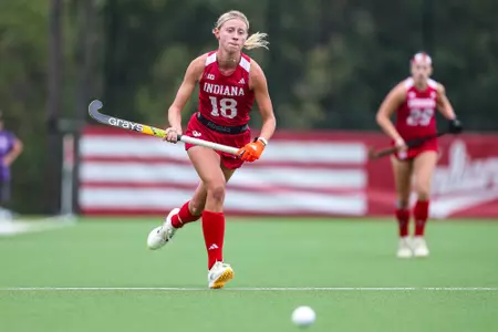 BLOOMINGTON, IN - September 22, 2024 - midfielder Meredith Lee #18 of the Indiana Hoosiers during the scrimmage between the Northwestern Wildcats and the Indiana Hoosiers at IU Field Hockey Complex in Bloomington, IN. Photo By Kate Petersen/Indiana Athletics
