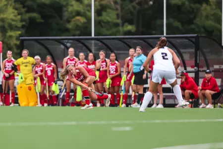 BLOOMINGTON, IN - September 22, 2024 - defender Sydney Keld #4 of the Indiana Hoosiers during the scrimmage between the Northwestern Wildcats and the Indiana Hoosiers at IU Field Hockey Complex in Bloomington, IN. Photo By Kate Petersen/Indiana Athletics