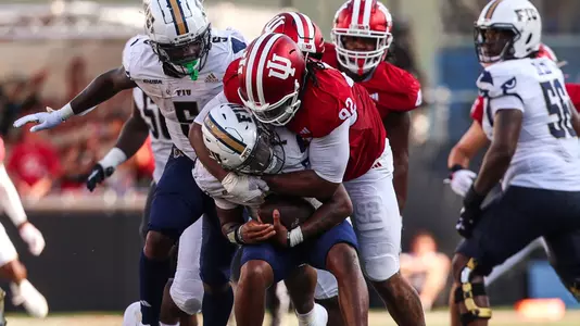 BLOOMINGTON, IN - August 31, 2024 - defensive lineman Marcus Burris Jr. #92 of the Indiana Hoosiers during the game between the FIU Panthers and the Indiana Hoosiers at Memorial Stadium in Bloomington, Indiana. Photo By Trent Barnhart/Indiana Athletics