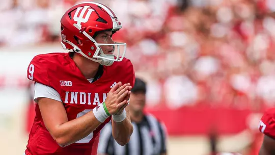 BLOOMINGTON, IN - August 31, 2024 - quarterback Kurtis Rourke #9 of the Indiana Hoosiers  during the game between the FIU Panthers and the Indiana Hoosiers at Memorial Stadium in Bloomington, Indiana. Photo By Trent Barnhart/Indiana Athletics