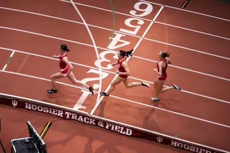 BLOOMINGTON, IN - January 18, 2025 - Mariah Wehrle, Lily Myers, and Taylor Fox during the Track and Field Indiana Invitational at Harry Gladstein Fieldhouse in Bloomington, IN. Photo By Grace Urbanski