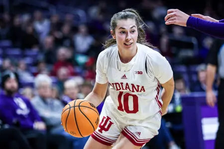 EVANSTON, IL - January 8, 2025 - guard Shay Ciezki #10 of the Indiana Hoosiers during the game between the Northwestern Wildcats and the Indiana Hoosiers at Welsh Ryan Arena in Evanston, IL. Photo By Kaitlyn Grifonetti/Indiana Athletics