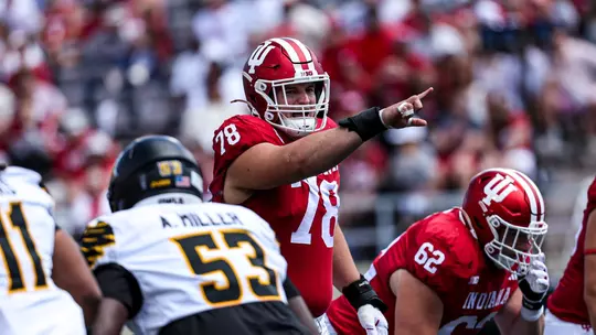 BLOOMINGTON, IN - September 06, 2025 - offensive lineman Patrick “Pat” Coogan #78 of the Indiana Hoosiers during the game between the Kennesaw State Owls and the Indiana Hoosiers at Merchants Bank Field at Memorial Stadium in Bloomington, IN. Photo By Dani Meersman/Indiana Athletics