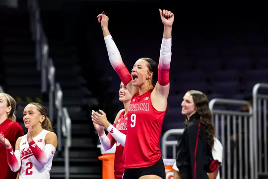 BLOOMINGTON, IN - September 24, 2025 - outside hitter Charlotte Vinson #9 of the Indiana Hoosiers during the match between the Indiana Hoosiers and the Northwestern Wildcats at Northwestern University in Evanston, Illinois. Photo By Grace Urbanski/Indiana Athletics
