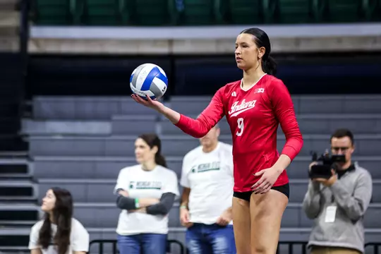 BLOOMINGTON, IN - October 12, 2025 - outside hitter Charlotte Vinson #9 of the Indiana Hoosiers during the match between the Indiana Hoosiers and the Michigan State Spartans at Michigan State University in East Lansing, Michigan. Photo By Grace Urbanski/Indiana Athletics