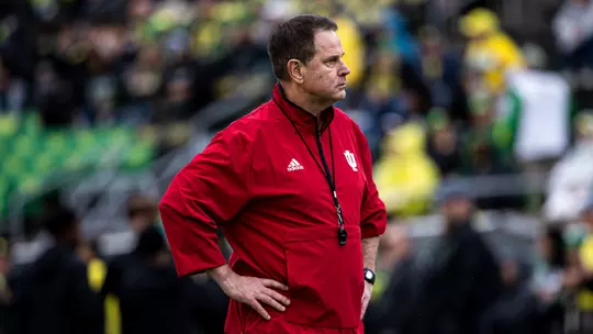EUGENE, OR - October 11, 2025 - Indiana Hoosiers Head Coach Curt Cignetti before the game between the Oregon Ducks and the Indiana Hoosiers at Autzen Stadium in Eugene, OR. Photo By Dani Meersman/Indiana Athletics