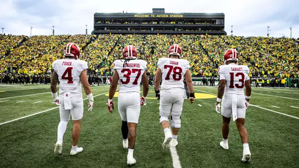 EUGENE, OR - October 11, 2025 - linebacker Aiden Fisher #4 of the Indiana Hoosiers, tight end Riley Nowakowski #37 of the Indiana Hoosiers, offensive lineman Patrick "Pat" Coogan #78 of the Indiana Hoosiers, wide receiver Elijah Sarratt #13 of the Indiana Hoosiers during the game between the Oregon Ducks and the Indiana Hoosiers at Autzen Stadium in Eugene, OR. Photo By Dani Meersman/Indiana Athletics