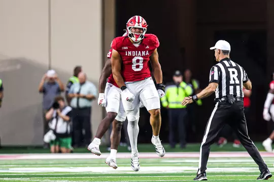 BLOOMINGTON, IN - October 18, 2025 - defensive lineman Stephen Daley #8 of the Indiana Hoosiers during the game between the Michigan State Spartans and the Indiana Hoosiers at Merchants Bank Field at Memorial Stadium in Bloomington, IN. Photo By Indiana Athletics