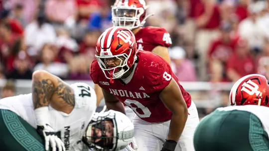 BLOOMINGTON, IN - October 18, 2025 - defensive lineman Stephen Daley #8 of the Indiana Hoosiers during the game between the Michigan State Spartans and the Indiana Hoosiers at Merchants Bank Field at Memorial Stadium in Bloomington, IN. Photo By Dani Meersman/Indiana Athletics