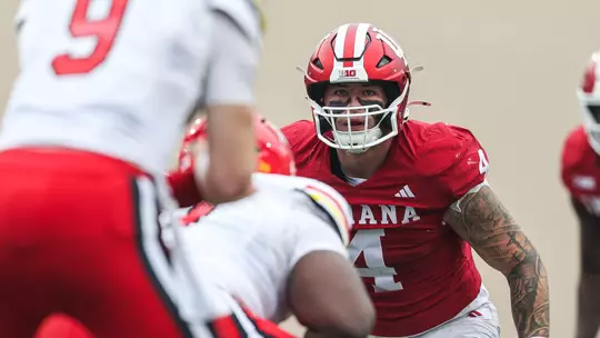BLOOMINGTON, IN - September 28, 2024 - line backer Aiden Fisher #4 of the Indiana Hoosiers during the game between the Indiana Hoosiers and the Maryland Terrapins at Memorial Stadium in Bloomington, Indiana. Photo By Trent Barnhart/Indiana Athletics