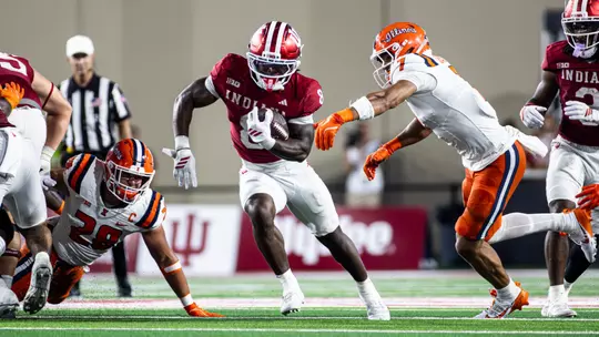 BLOOMINGTON, IN - September 20, 2025 - running back Kaelon Black #8 of the Indiana Hoosiers during the game between the Illinois Fighting Illini and the Indiana Hoosiers at Merchants Bank Field at Memorial Stadium in Bloomington, IN. Photo By Dani Meersman/Indiana Athletics