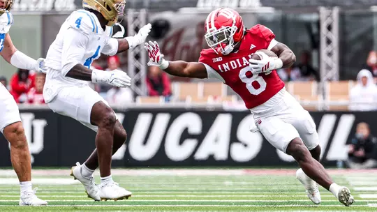 BLOOMINGTON, IN - October 25, 2025 - running back Kaelon Black #8 of the Indiana Hoosiers during the game between the UCLA Bruins and the Indiana Hoosiers at Merchants Bank Field at Memorial Stadium in Bloomington, IN. Photo By Grace Urbanski/Indiana Athletics