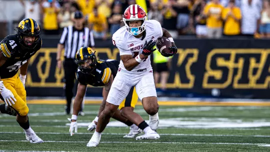 IOWA CITY, IA - September 27, 2025 - wide receiver Elijah Sarratt #13 of the Indiana Hoosiers during the game between the Iowa Hawkeyes and the Indiana Hoosiers at Kinnick Stadium in Iowa City, IA. Photo By Dani Meersman/Indiana Athletics