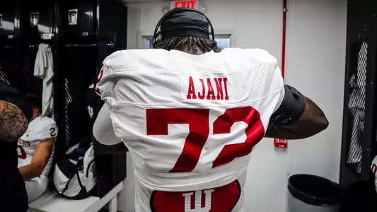 STATE COLLEGE, PA - November 08, 2025 - offensive lineman Adedamola Ajani #72 of the Indiana Hoosiers during the game between the Penn State Nittany Lions and the Indiana Hoosiers at West Shore Home Field at Beaver Stadium in State College, PA. Photo By Luke Miller/Indiana Athletics