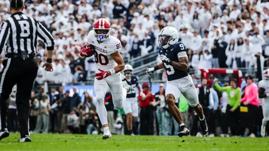 STATE COLLEGE, PA - November 08, 2025 - wide receiver Charlie Becker #80 of the Indiana Hoosiers during the game between the Penn State Nittany Lions and the Indiana Hoosiers at West Shore Home Field at Beaver Stadium in State College, PA. Photo By Luke Miller/Indiana Athletics