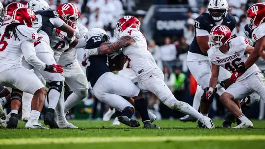 STATE COLLEGE, PA - November 08, 2025 - linebacker Aiden Fisher #4 of the Indiana Hoosiers during the game between the Penn State Nittany Lions and the Indiana Hoosiers at West Shore Home Field at Beaver Stadium in State College, PA. Photo By Luke Miller/Indiana Athletics