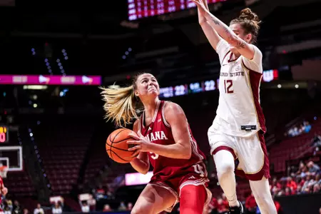 TALLAHASSEE, FL - November 16, 2025 - guard Lenée Beaumont #5 of the Indiana Hoosiers during the game between the Florida State Seminoles and the Indiana Hoosiers at Donald L. Tucker Civic Center in Bloomington, IN. Photo By Maddi Sponsel/Indiana Athletics