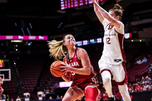 TALLAHASSEE, FL - November 16, 2025 - guard Lenée Beaumont #5 of the Indiana Hoosiers during the game between the Florida State Seminoles and the Indiana Hoosiers at Donald L. Tucker Civic Center in Bloomington, IN. Photo By Maddi Sponsel/Indiana Athletics