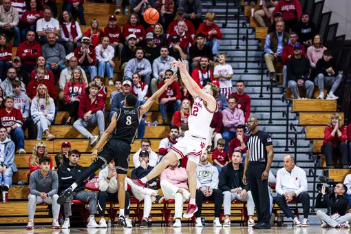 BLOOMINGTON, IN - November 20, 2025 - forward Tucker DeVries #12 of the Indiana Hoosiers during the game between the Lindenwood Lions and the Indiana Hoosiers at Simon Skjodt Assembly Hall in Bloomington, IN. Photo By Dani Meersman/Indiana Athletics