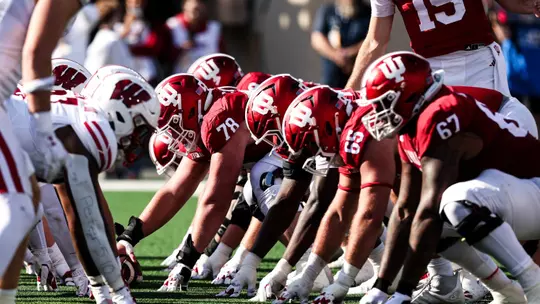 BLOOMINGTON, IN - November 15, 2025 - the Indiana Hoosiers Football team during the game between the Wisconsin Badgers and the Indiana Hoosiers at Merchants Bank Field at Memorial Stadium in Bloomington, IN. Photo By Kate Petersen/Indiana Athletics