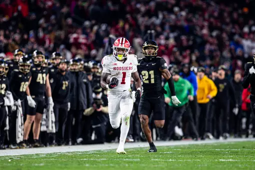 WEST LAFAYETTE, IN - November 28, 2025 - running back Roman Hemby #1 of the Indiana Hoosiersduring the game between the Purdue Boilermakers and the Indiana Hoosiers at Ross–Ade Stadium in West Lafayette, IN. Photo By Levi Jones/Indiana Athletics