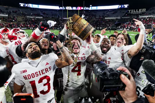 WEST LAFAYETTE, IN - November 29, 2025 - the Indiana Hoosiers Football team during the game between the Purdue Boilermakers and the Indiana Hoosiers at Ross–Ade Stadium in West Lafayette, IN. Photo By Luke Miller/Indiana Athletics