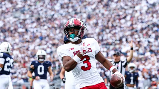 STATE COLLEGE, PA - October 28, 2023 - wide receiver Omar Cooper Jr. #3 of the Indiana Hoosiers during the game between the Penn State Nittany Lions and the Indiana Hoosiers at Beaver Stadium in State College, PA. Photo By Andrew Mascharka/Indiana Athletics